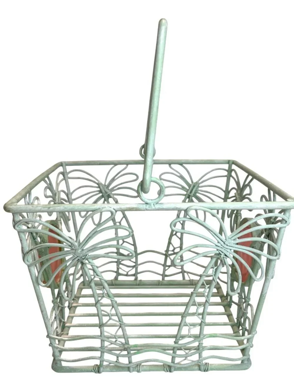 Metal Storage Basket Pink Flamingo Medallion Teal Green Palm Tree Wrought Iron